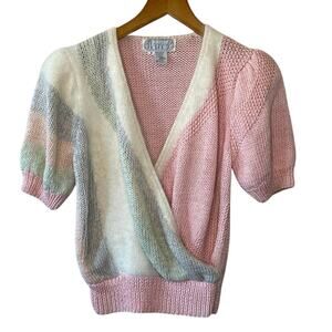VTG 80s Nannell Knit Pink & White Fuzz Short Puff Sleeve Faux Wrap Sweater Small